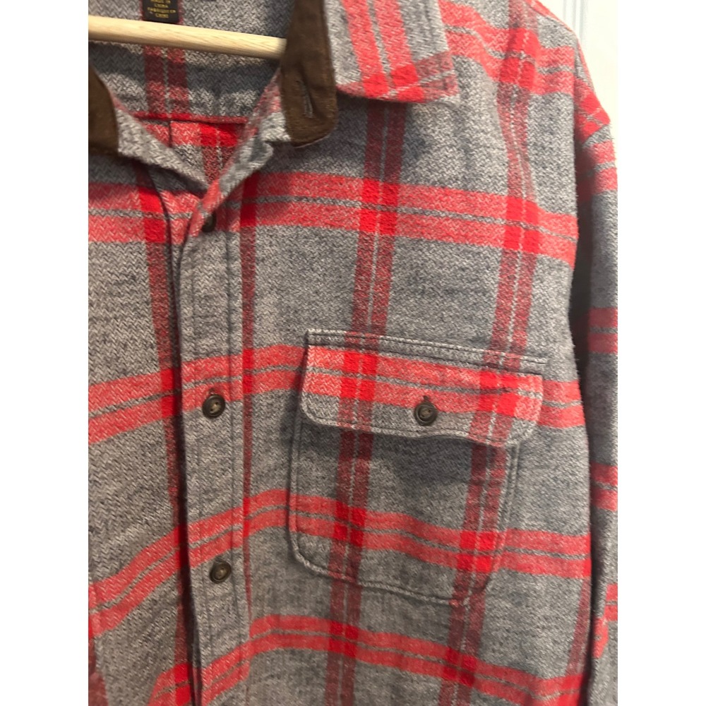 Lucky Brand Mens L G Gray Red Plaid Flannel Shirt Classic Fit Saturday Stretch - Picture 4 of 8